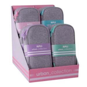 apli urban collection expositor de 8 estuches de neopreno planos rectangulares bolsillo interior con cremallera medidas 230x60x120mm colores surtidos