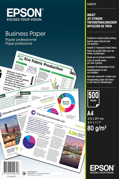 epson business inkjet papel a4 500 hojas gramaje de 80g/m2 apto para impresion a doble cara color blanco