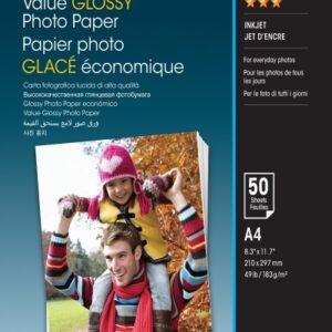 epson value glossy photo pack de 50 hojas de papel fotografico a4 gramaje de 183g/m2 acabado brillante compatible con impresoras inkjet color blanco