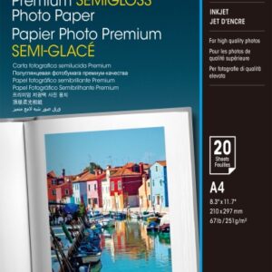 epson premium semiglossy photo pack de 20 hojas de papel fotografico a4 gramaje de 251g/m2 acabado semibrillante compatible con impresoras inkjet color blanco