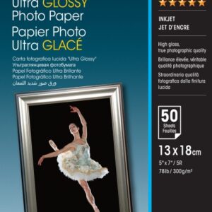 epson ultra glossy photo pack de 50 hojas de papel fotografico 13x18cm gramaje de 300g/m2 acabado brillante compatible con impresoras inkjet color blanco