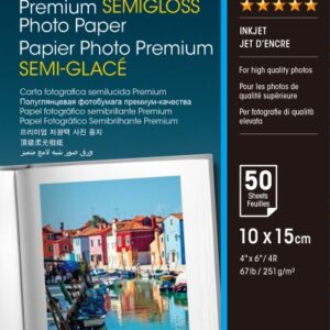epson premium semiglossy photo pack de 50 hojas de papel fotografico 10x15cm gramaje de 251g/m2 acabado semibrillante compatible con impresoras inkjet color blanco
