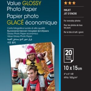 epson value glossy photo pack de 20 hojas de papel fotografico 10x15cm gramaje de 183g/m2 acabado brillante compatible con impresoras inkjet color blanco
