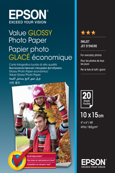 epson value glossy photo pack de 20 hojas de papel fotografico 10x15cm gramaje de 183g/m2 acabado brillante compatible con impresoras inkjet color blanco