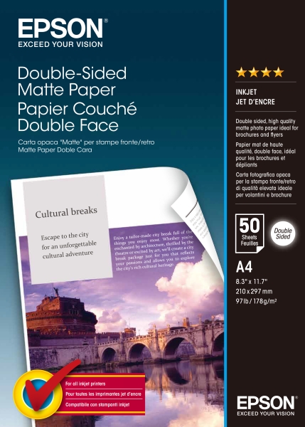 epson double sided matte pack de 50 hojas de papel a4 gramaje de 178g/m2 mate especial para impresion a doble cara compatible con impresoras inkjet color blanco