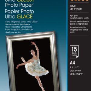 epson ultra glossy photo pack de 15 hojas de papel fotografico a4 gramaje de 300g/m2 acabado brillante compatible con impresoras inkjet color blanco