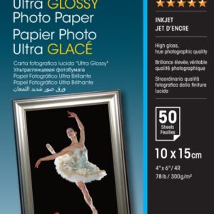 epson ultra glossy photo pack de 50 hojas de papel fotografico 10x15cm gramaje de 300g/m2 acabado brillante compatible con impresoras inkjet color blanco