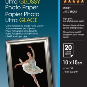 epson ultra glossy photo pack de 20 hojas de papel fotografico 10x15cm gramaje de 300g/m2 acabado brillante compatible con impresoras inkjet color blanco