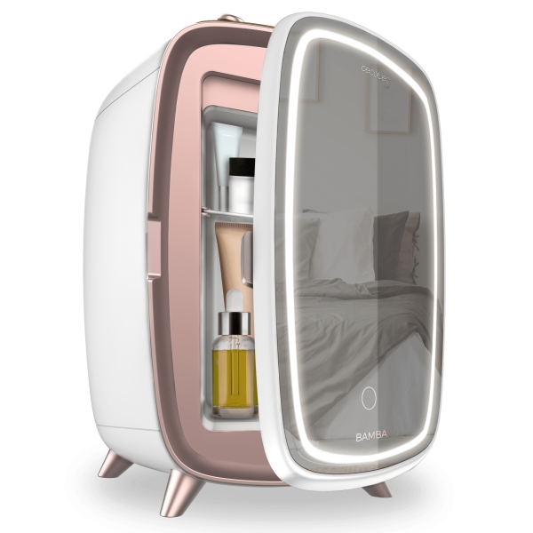 cecotec coolingbeauty 6000 mirror nevera para cosmeticos con espejo 6l luz led con 3 intensidades silencioso enfriamiento hasta 10ºc asa superior color blanco y rosa