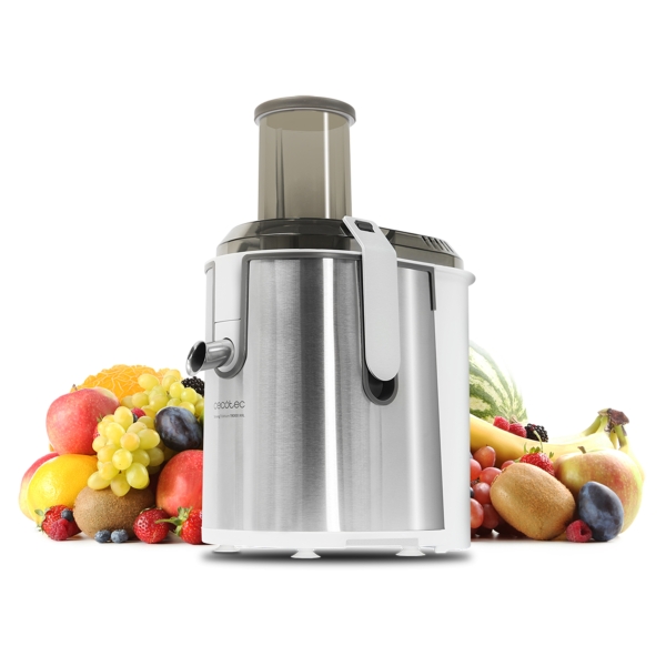 cecotec strongtitanium 19000 xxl licuadora orbital 2000w 19000rpm deposito de 2l jarra de zumo 950ml boquilla antigoteo base antideslizante entrada xxl de 75mm color acero y blanco