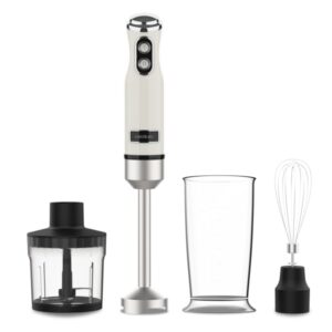 cecotec power retrobeige 1200max cream and crush batidora de mano 1200w vaso de 0.5l accesorios multifuncion campana antisalpicadura 4 hojas recubiertas de titanio color beige