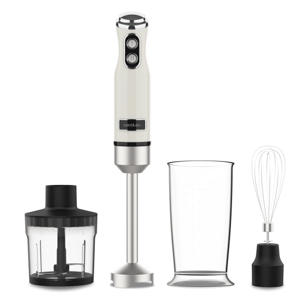 cecotec power retrobeige 1200max cream and crush batidora de mano 1200w vaso de 0.5l accesorios multifuncion campana antisalpicadura 4 hojas recubiertas de titanio color beige
