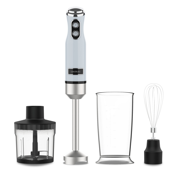 cecotec power retroblue 1200max cream and crush batidora de mano 1200w vaso de 0.5l accesorios multifuncion campana antisalpicadura 4 hojas recubiertas de titanio color azul claro pastel