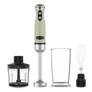 cecotec power retrogreen 1200max cream and crush batidora de mano 1200w vaso de 0.5l accesorios multifuncion campana antisalpicadura 4 hojas recubiertas de titanio color verde claro