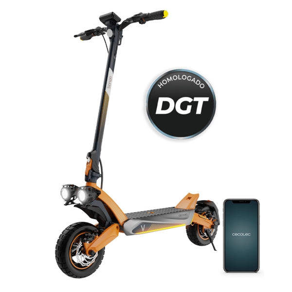 cecotec bongo v70 connected patinete electrico 1500w autonomia 70km bateria 48v y 15ah doble suspension app disco de frenado e abs homologado dgt ruedas de 10" color gris y naranja