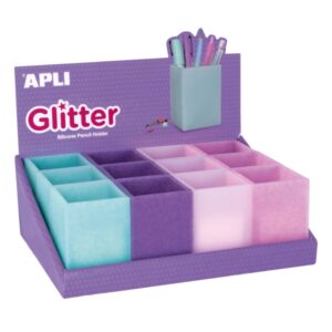 apli nordik expositor de 12 portalapices silicona con purpurina cuadrados medidas 70x70x95mm colores glitter surtidos