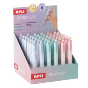 apli pocket gel expositor con 36 mini boligrafos de tinta gel retractiles tinta color azul cuerpo de diferentes colores pastel