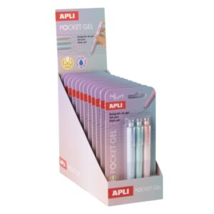 apli pocket gel expositor con 12 blisters de 3 mini boligrafos de tinta gel retractiles tinta color azul cuerpo de diferentes colores pastel