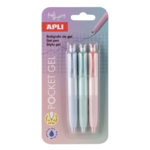 apli pocket gel blister de 3 mini boligrafos de tinta gel retractiles tinta color azul cuerpo de diferentes colores pastel