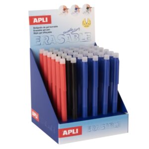 apli erasable gel expositor con 36 boligrafos de tinta gel borrables punta de 0,5mm zona de agarre de silicona colores azul, negro y rojo