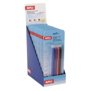apli erasable gel expositor de 12 blisters con 4 boligrafos de tinta gel borrables cada uno punta de 0,5mm zona de agarre de silicona colores azul, negro y rojo
