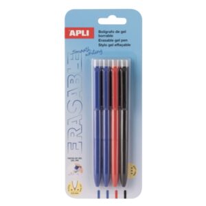 apli erasable gel blister con 4 boligrafos de tinta gel borrables cada uno punta de 0,5mm zona de agarre de silicona colores azul, negro y rojo