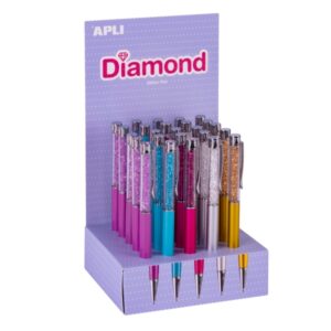 apli diamond expositor con 25 boligrafos metalicos retractiles mecanismo de giro punta de 1mm tinta color azul colores surtidos