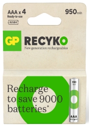gp recyko pack de 4 pilas recargables 950mah aaa 1.2v precargadas ciclo de vida: hasta 1.000 veces
