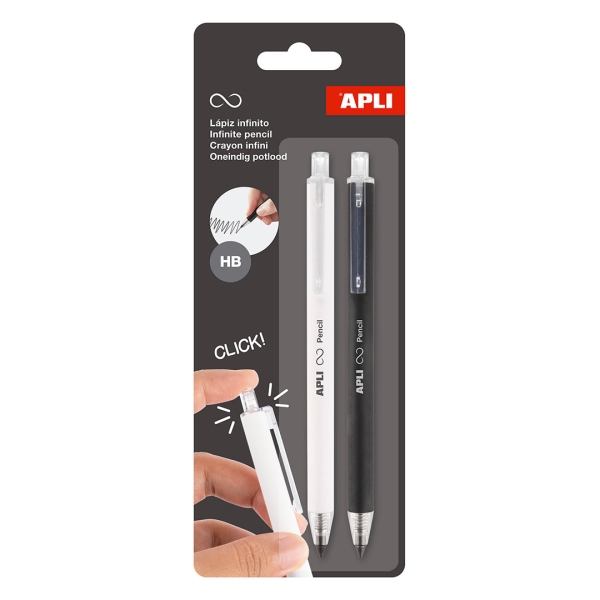 apli infinite pencil pack con 2 lapices infinitos retractiles hb colores blanco y negro