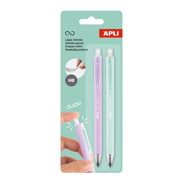 apli infinite pencil pack con 2 lapices infinitos retractiles hb colores lila y verde