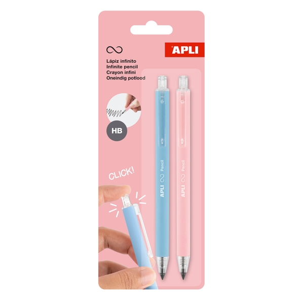 apli infinite pencil pack con 2 lapices infinitos retractiles hb colores rosa y azul