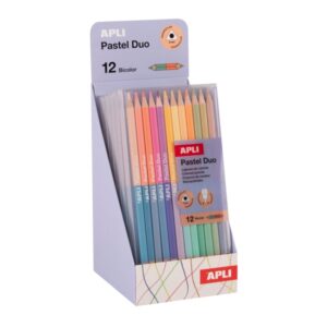 apli pastel duo expositor con 6 packs de 12 lapices de colores de doble punta forma triangular colores pastel surtidos