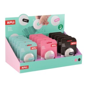 apli expositor con 15 gomas de borrar forma redonda sin pvc color blanco con detalle en verde, azul y negro