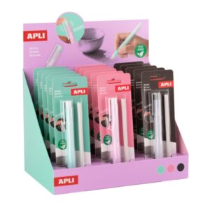 apli expositor con 15 packs de portagoma con goma + recambio sin pvc 3 colores surtidos