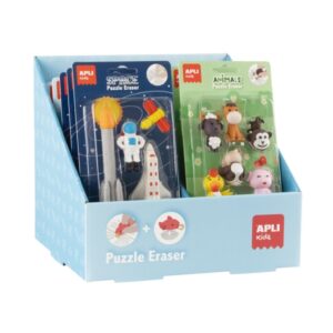 apli expositor con 12 packs de de gomas puzzle divertidas gomas de borrar se pueden montar y desmontar para jugar con ellas 4 tematicas diferentes