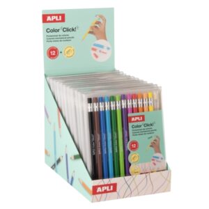 apli color clik expositor con 12 packs de 12 portaminas con minas de colores 2.6mm + 12 recambios + 1 sacapuntas forma redonda colores surtidos