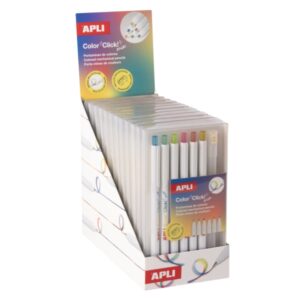 apli color clik mix expositor con 12 packs de 6 portaminas con minas multicolor 3mm + 1 sacapuntas forma redonda colores surtidos