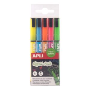apli pack de 5 rotuladores de tiza liquida punta redonda 3mm secado rapido colores fluor surtidos