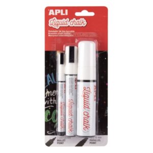 apli pack de 3 rotuladores de tiza liquida de diferentes puntas redonda 3 y 5,5mm y biselada secado rapido color blanco