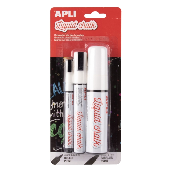 apli pack de 3 rotuladores de tiza liquida de diferentes puntas redonda 3 y 5,5mm y biselada secado rapido color blanco