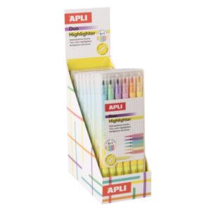 apli duo highlighter expositor con 10 pack de 6 marcadores doble punta ideal para agendas, libretas y calendarios colores surtidos
