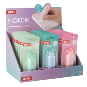 apli nordik expositor de 18 cintas correctoras de 5mmx6m aplicacion limpia y precisa rapida cobertura cuerpo en colores pastel