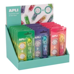 apli correct & glue expositor de 18 correctores + adhesivo 2 en 1 aplicacion limpia y precisa rapida cobertura cuerpo en colores surtidos