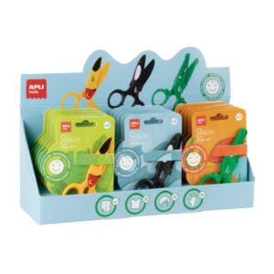 apli kids expositor con 18 tijeras preescolares 12cm sistema de seguridad que evita cortes en la piel, el pelo o la ropa con formas de animales diseños tucan, cocodrilo y orca