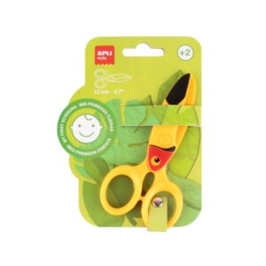 apli kids tijera preescolar 12cm sistema de seguridad que evita cortes en la piel, el pelo o la ropa con formas de animales diseño tucan