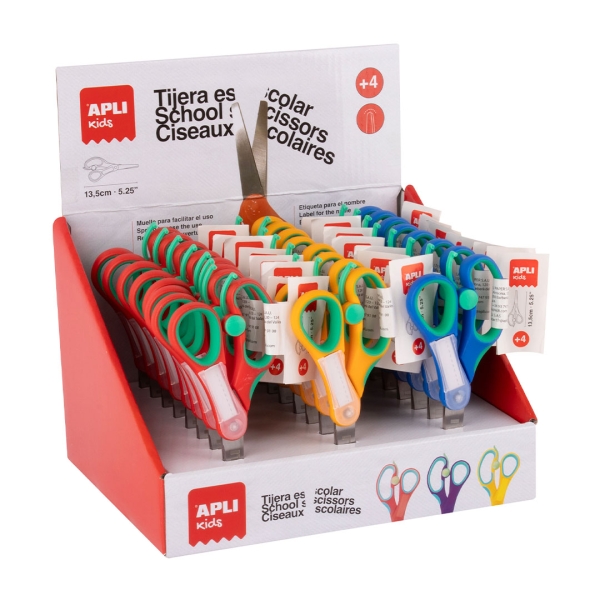 apli kids expositor con 24 tijeras escolares 13 cm punta redondeada ergonomicas espacio para el nombre uso ambidiestro colores surtidos