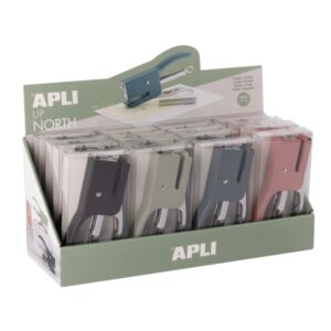apli up north expositor con 16 grapadoras de tenaza con 50 grapas nº10 cada una diseño ergonomico colores surtidos