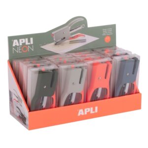 apli neon expositor con 16 grapadoras de tenaza con 50 grapas nº10 cada una capacidad de grapado 12 hojas diseño ergonomico colores surtidos