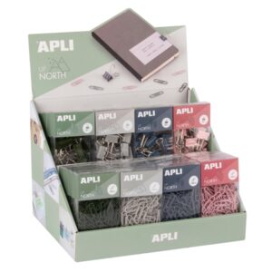 apli up north expositor con 16 cajas de 140 clips 28mm + 16 cajas de 15 pinzas metalicas 19mm colores surtidos