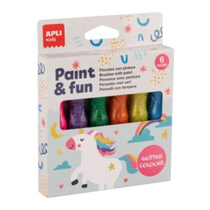 apli kids pack de 6 temperas con purpurina en tubo con pincel 14ml practico y sin limpieza fomenta creatividad y colaboracion colores surtidos con purpurina